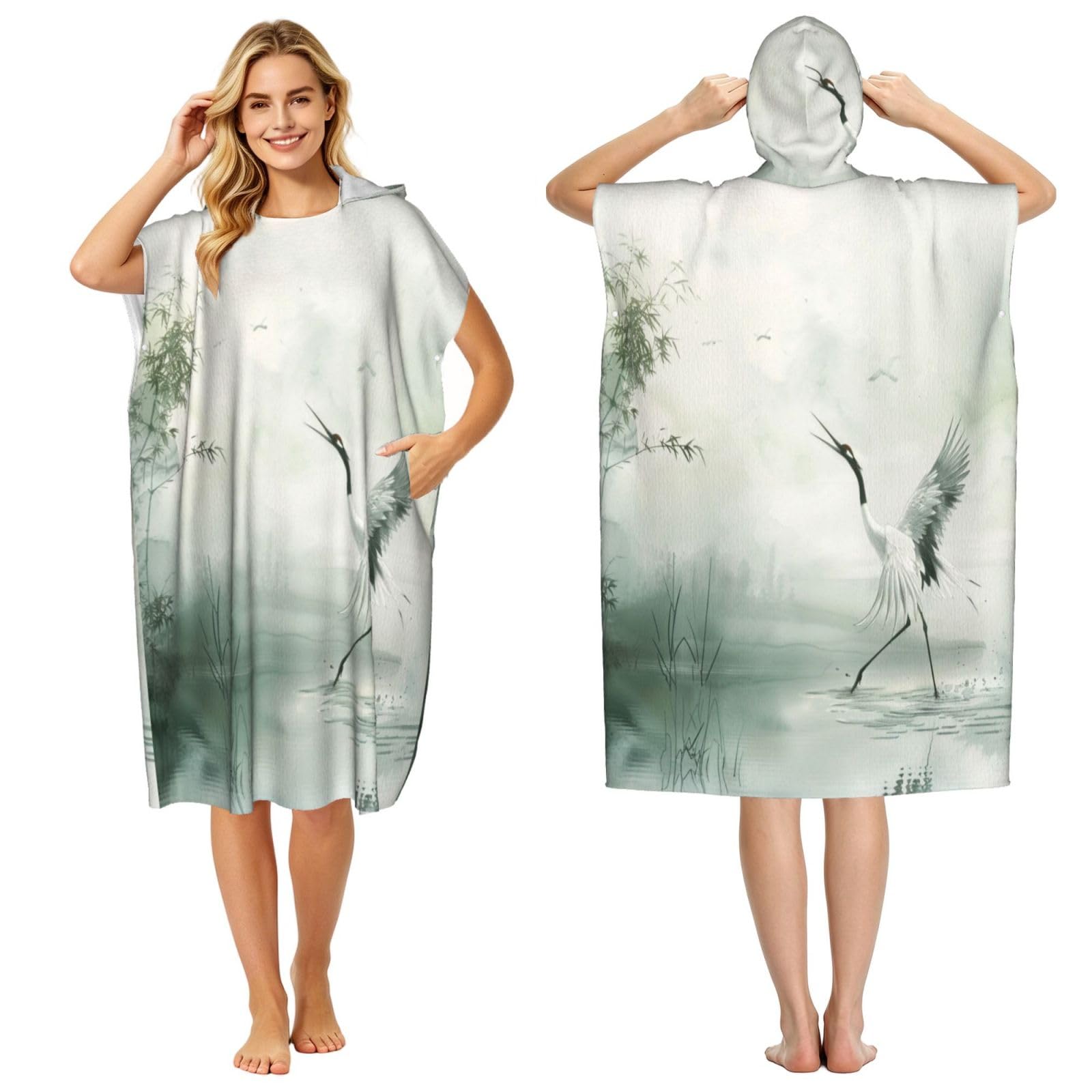 KLGRTJHK The Crane Of The Lake Adult Hooded Beach Poncho Towel 43"X35"