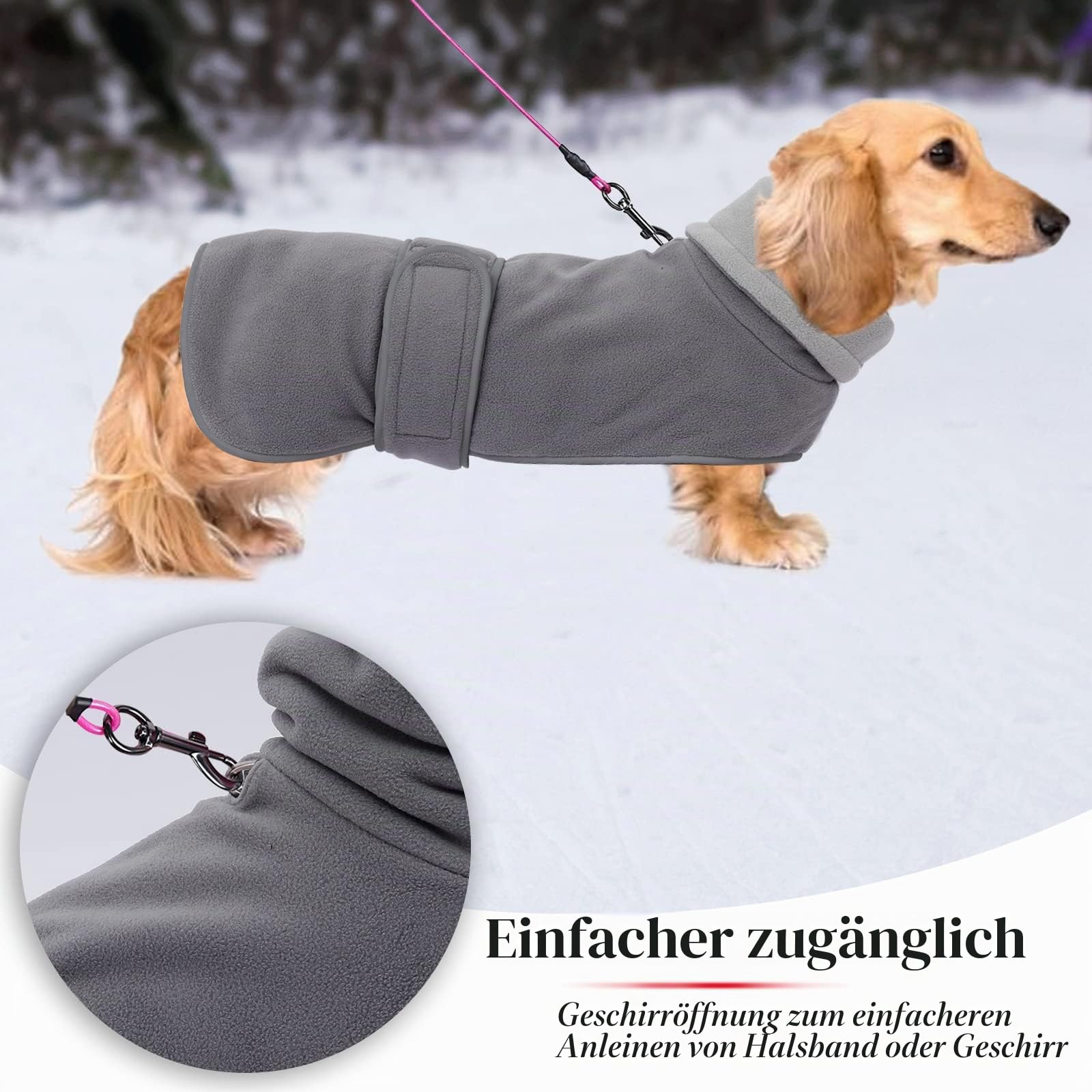 Geyecete -Gemütlich Polarfleece Winter hundemantel fur Dackel,Miniatur Dackel Fleece hundepullover,Hoher Kragen warmes Hundeveste mit Geschirr öffnung,Einstellbar kleine Hundejacke-Grau-S