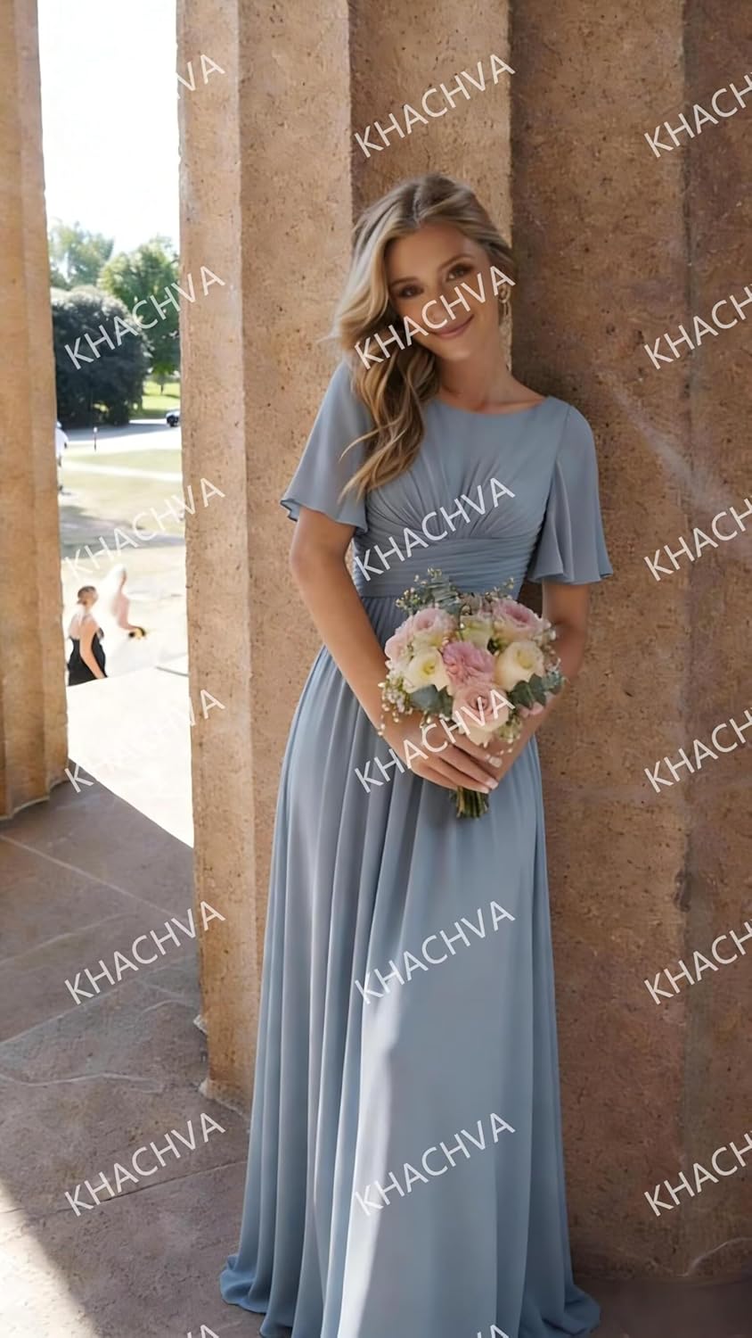 Flutter Sleeve Bridesmaid Dresses Long with Pocket 2026 Ruched A Line Formal Evening Dress KH044 - Image 4