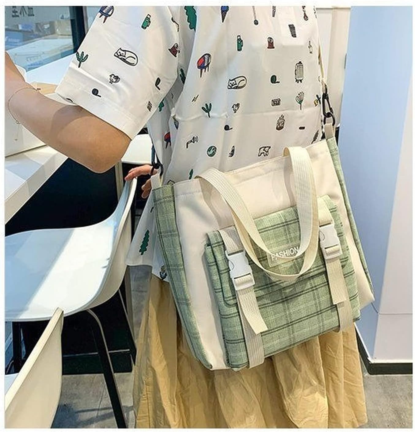 5Pcs Canvas School Backpack Combo Set with Kawaii Bear Pendant Cute Pins Plaid Check Handle Shoulder Bag Schoolbag - Image 8