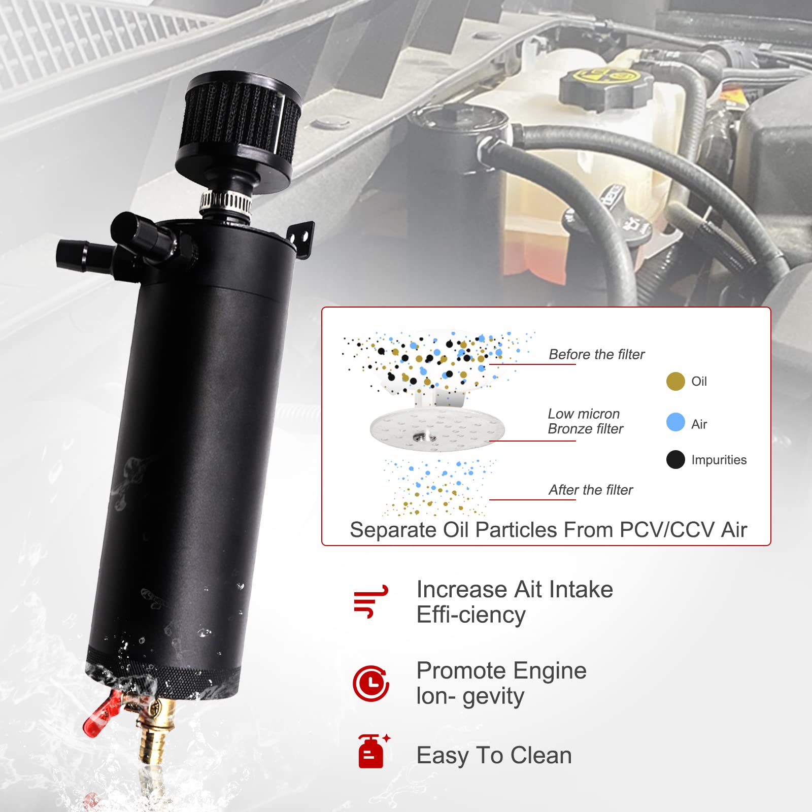 Depósito universal de aluminio de 750 ml con deflector de aceite de 2 puertos con filtro de ventilación con válvula de drenaje
