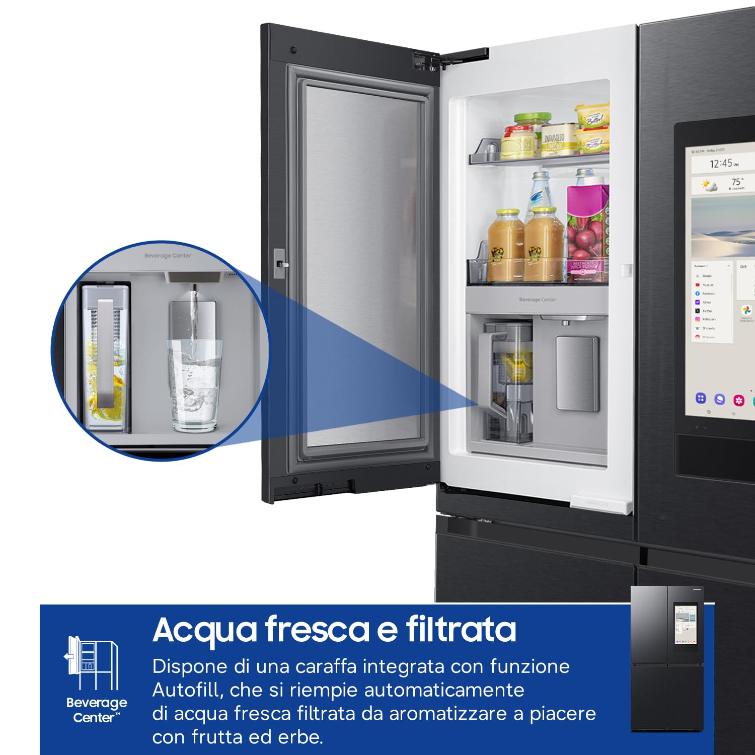 Samsung Frigorifero a 4 Porte Family Hub AI RF65DG9H0EB1/EF, Con AI Vision Inside, Wifi+AI Energy Mode, Beverage Center, Metal Back, 636 L, LxAxP: 91,2 x 183 x 72,3 cm, Antracite
