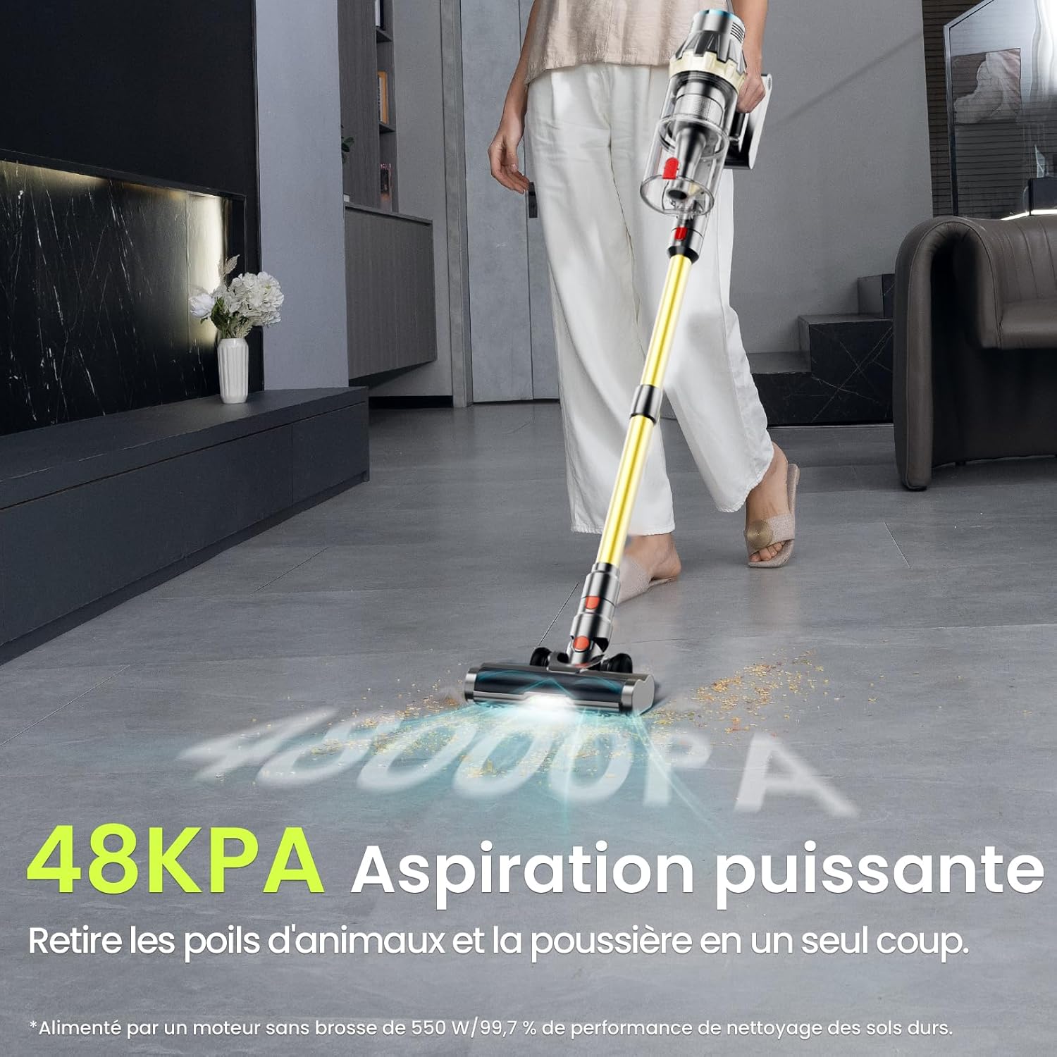 Linkifly XT1 vacuum in use on a hard floor, demonstrating 48KPA powerful suction.