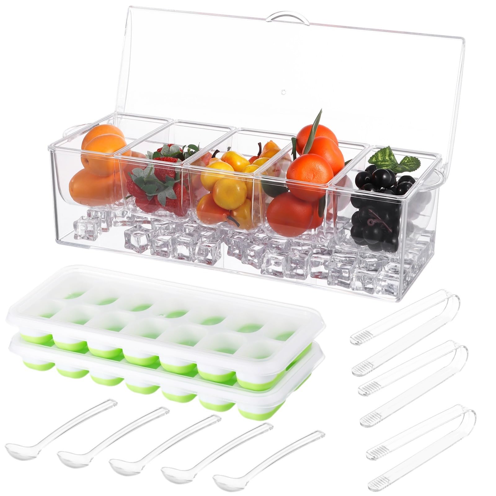 11-teiliges Servierset für gekühlte Gewürze und Früchte mit Eiswürfelformen, Zange, Löffel und Deckel – vielseitiger Organizer für Lebensmittel und Gewürze