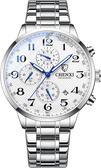 JewelryWe Men Luminous Analog Watch 3 ATM Waterproof Stainless Steel Quartz Chronograph Movement Date Calendar Dial Rotatable Bezel Wrist Watch