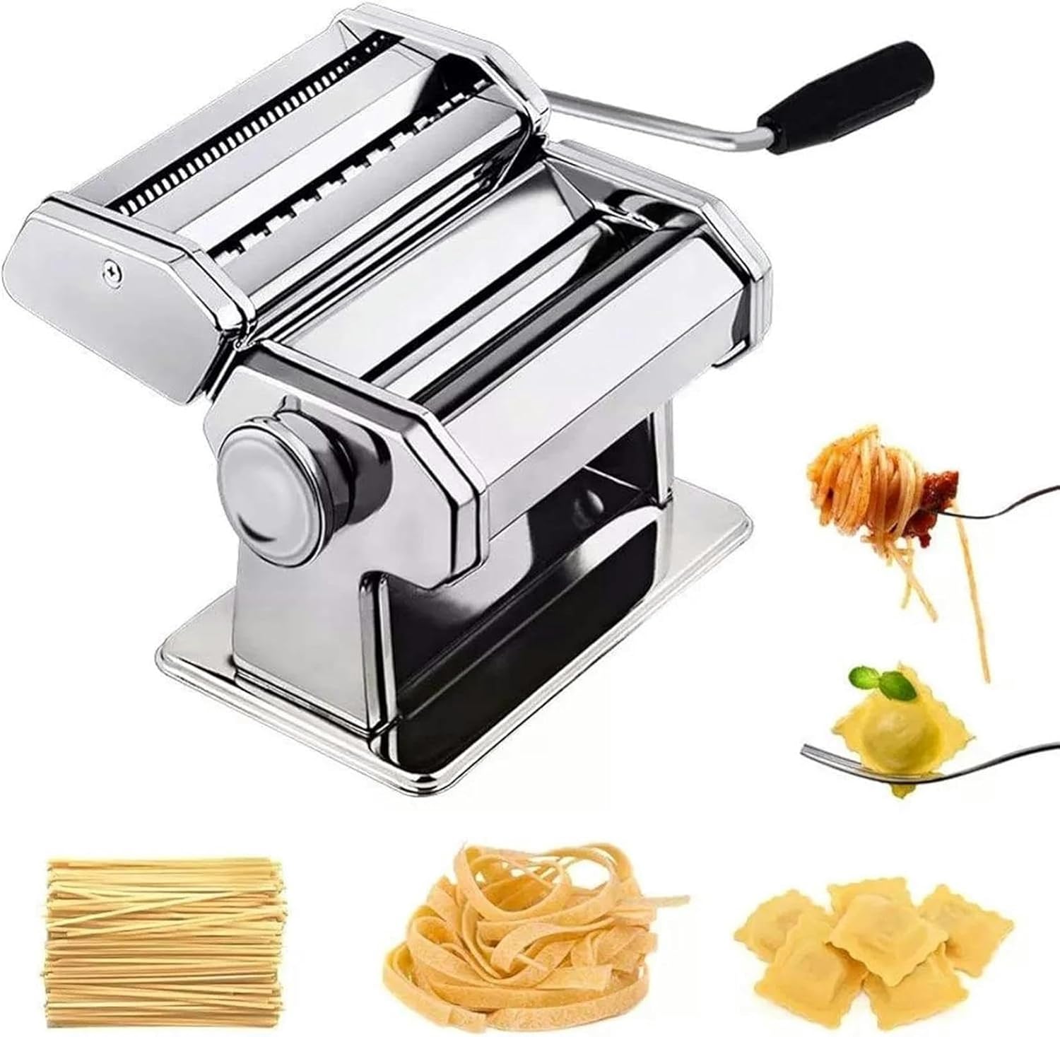 Wzglod Manual Noodle Machine Pasta Maker Stainless Steel Machine Lasagne Spaghetti Tagliatelle Ravioli Noodle Maker Kitchen Enjoy Pasta Time (Silver 18x14x22cm)