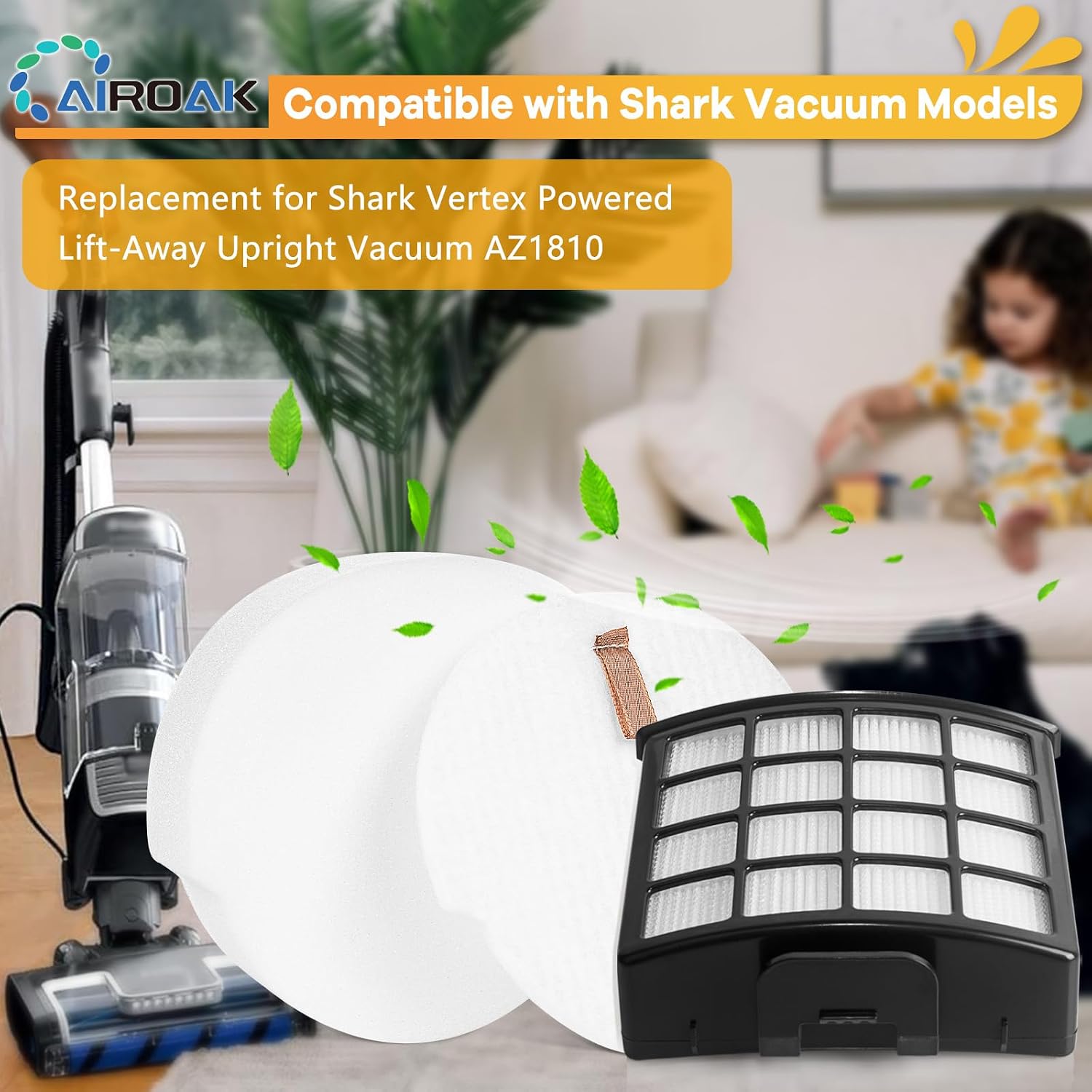 Image showing the Airoak filters alongside a Shark Vertex vacuum cleaner, with text indicating compatibility with Shark Vacuum Models and specifically the AZ1810.