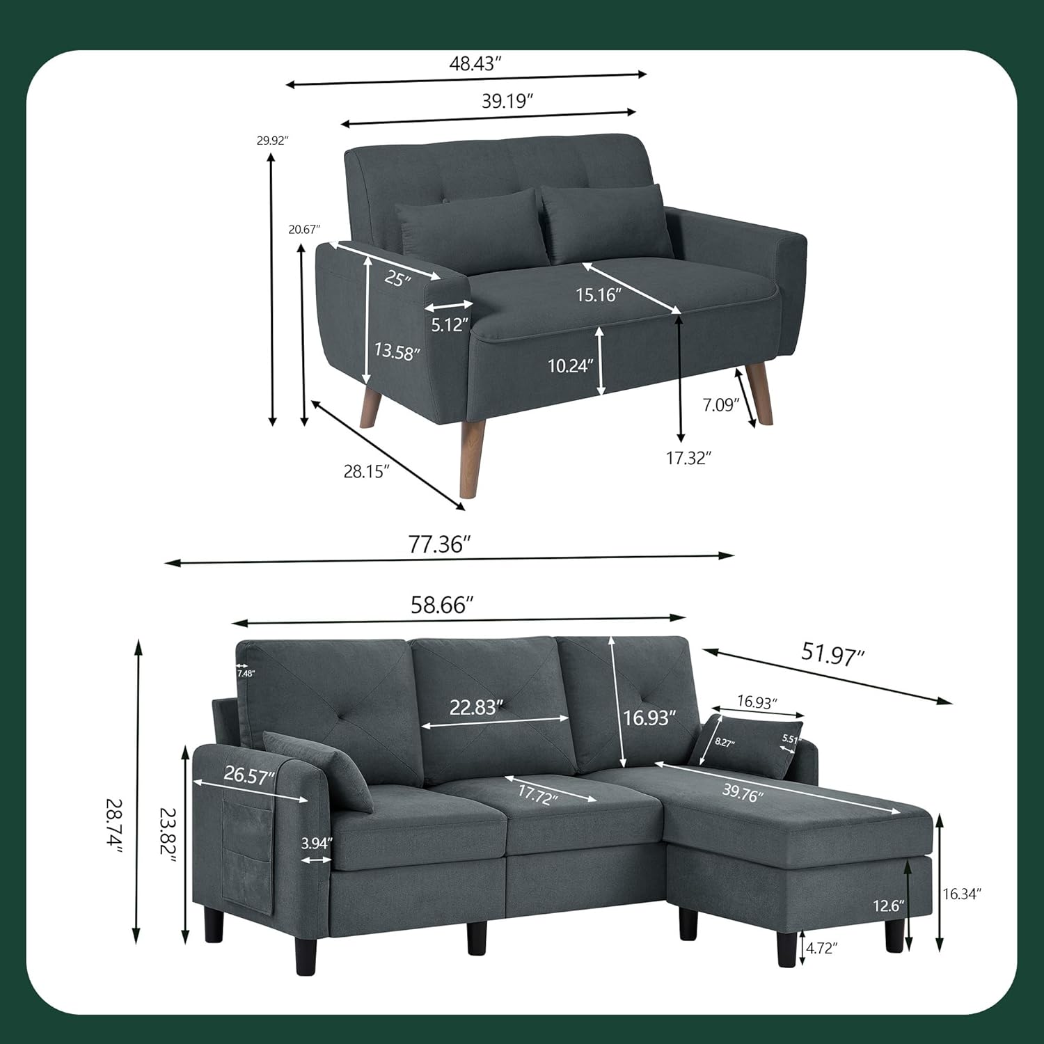 Convertible Sectional Couch Set, 77" L Shaped Sofa with Ottoman and 48" Loveseat, Modern Couches for Living Room, Apartment and Office, Dark Grey