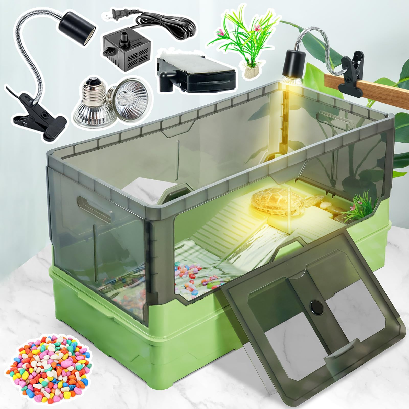 25.6x12.8x14.6 Turtle Tank Kit with Heat Lamp Filter and Wheels Aquatic Turtle Habitat and Aquarium for Small Turtles Hermit Crabs and Frogs Featuring Escape Proof Design and Easy Move Mobility