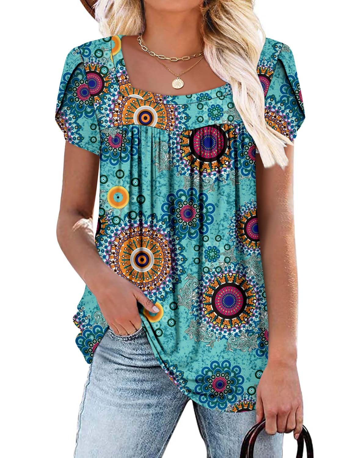 onlypuff Womens Short Sleeve Tunic Tops Blouse for Leggings Loose Fit Summer Square Neck Shirts S-3XL