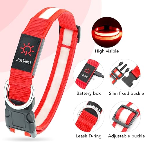 Miniatura 2 de Vizpet Collar para perro con luz LED, ajustable, recargable por USB, superbrillante, luz de seguridad, collar brillante para perros (grande, rojo)