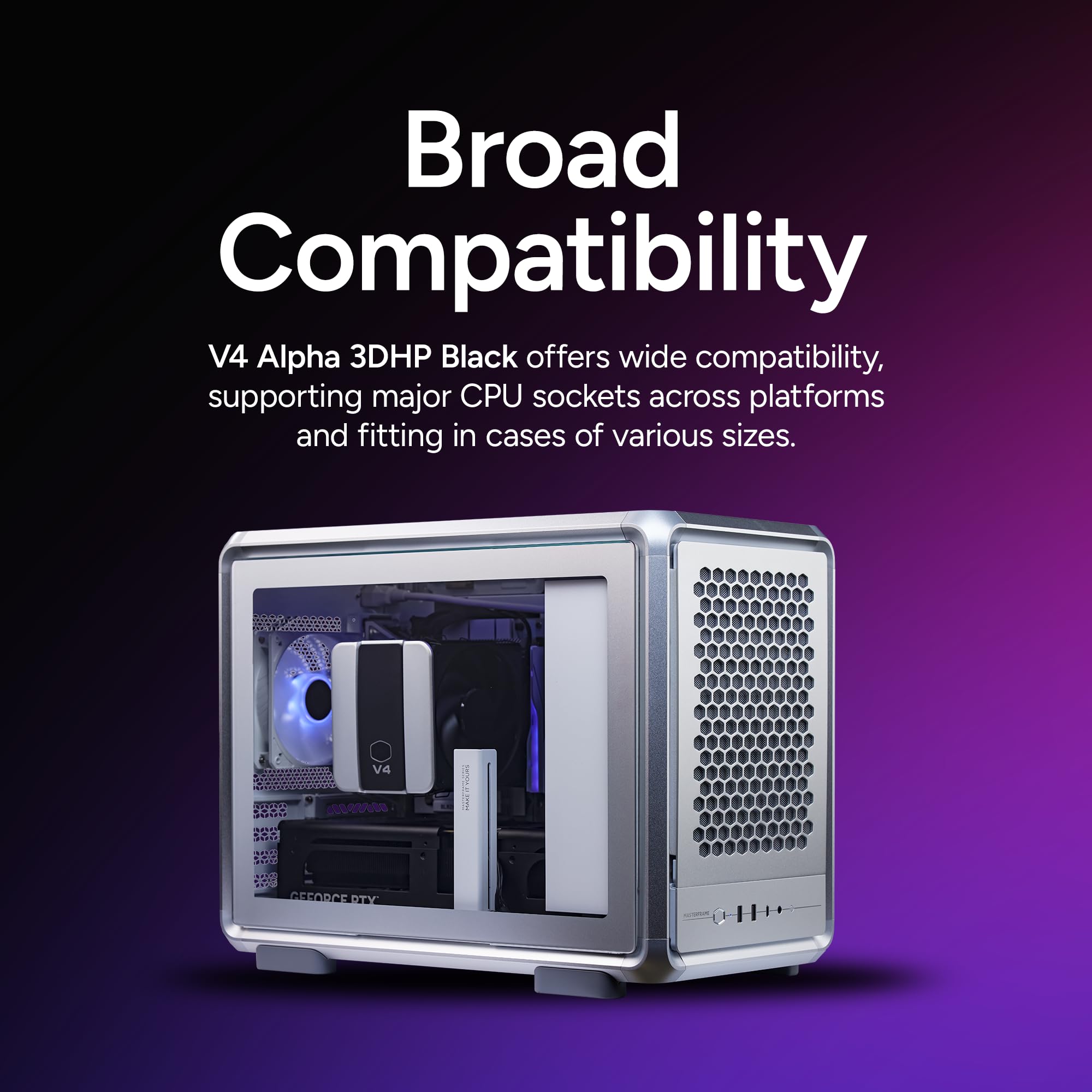 Cooler Master Enfriador de aire para CPU V4 Alpha 3DHP negro, tecnología Alpha 3DHP Heat Tube, ventiladores duales Mobius 120 PWM, funcionamiento silencioso, fácil instalación, AMD Ryzen 9 AM5|4