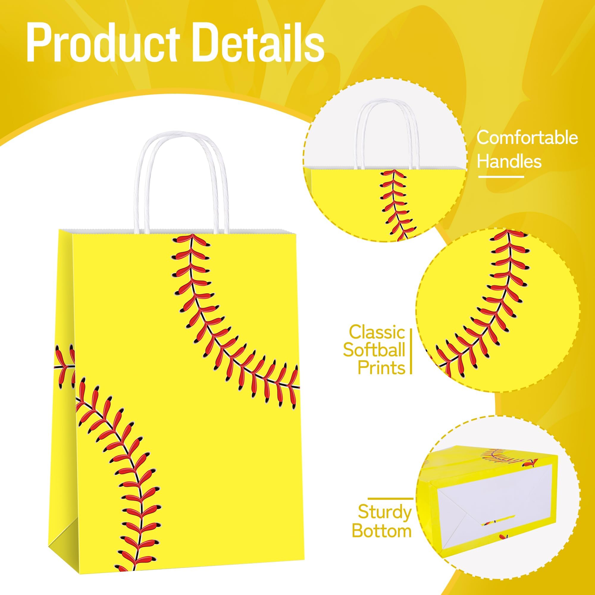 MIMIND 16 Pack Softball Gift Bags with Handles Paper Party Favor Goodie Bags Softball Treat Bags for Birthday Game Day Sport Themed Party Supplies