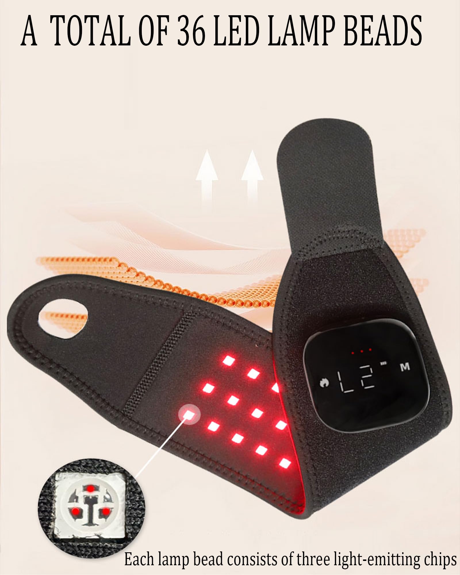 Pulsera de terapia de luz roja con calor y masaje, 36 luces LED, 5 niveles de masaje y 3 ajustes de calor, diseño portátil recargable (1 unidad, negro)