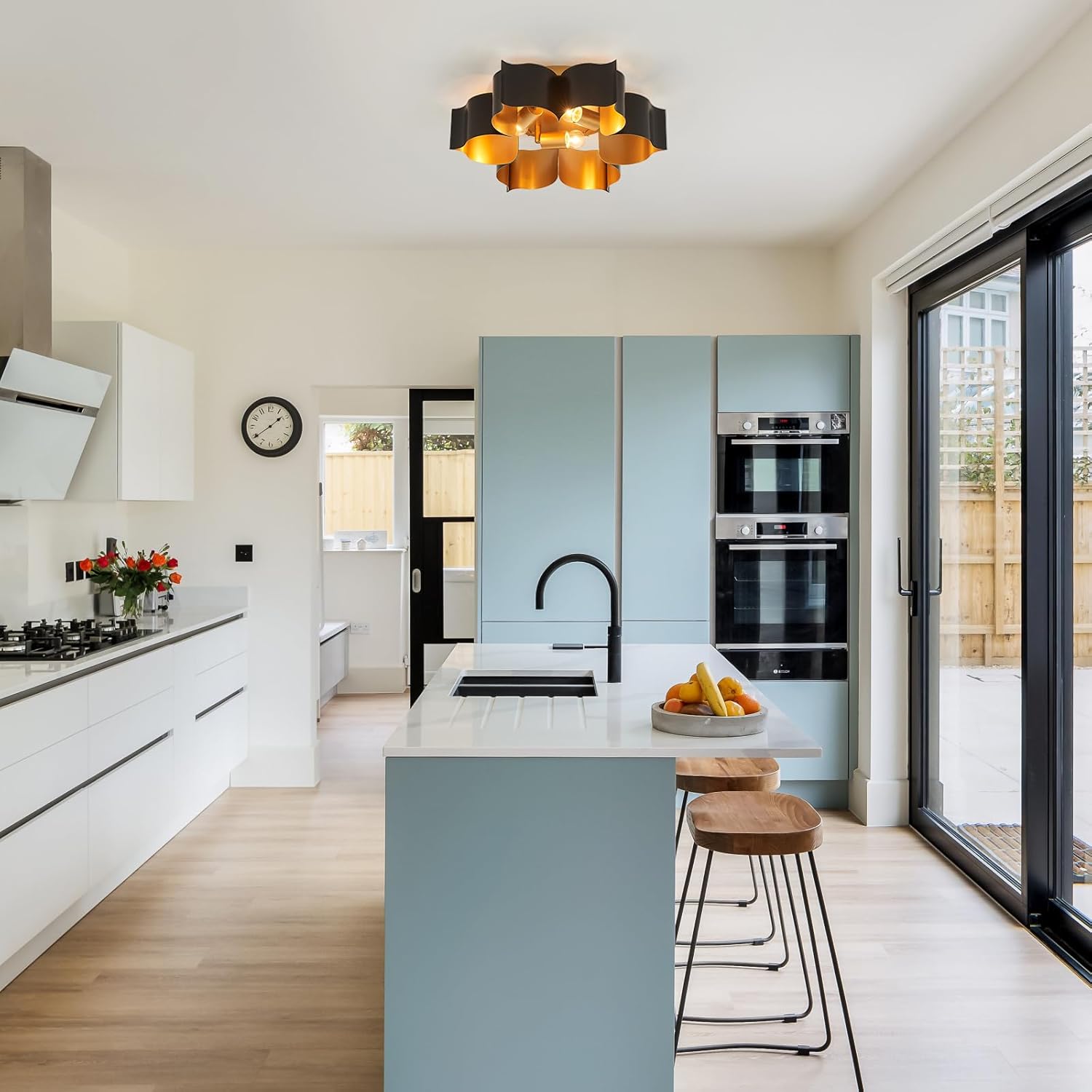 VILUXY Modern Black and Gold Flush Mount Ceiling Light 19” Flower Close to Ceiling Light Fixtures 3 Lights Vintage for Hallway, Entryway, Closet, Bedroom, Kitchen