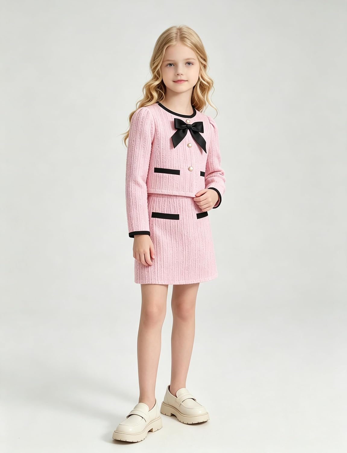 oklady Girls 2 Piece Skirt Set, Tweed Bow Jacket & Mini Skirt