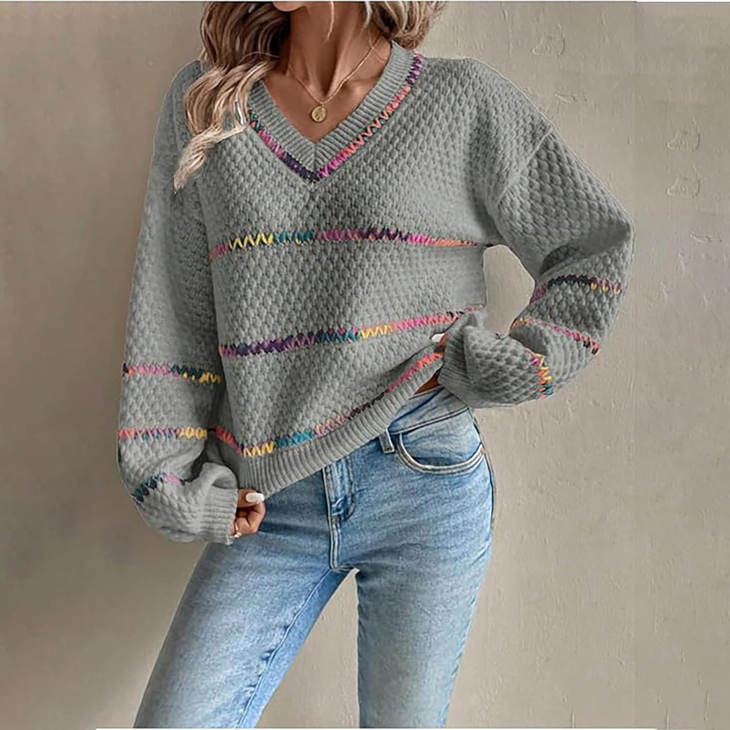 Womens Fall Sweaters Oversized Pullover V Neck Stripe Long Sleeve Drop Shoulder Knit Top Loose Rainbow Chunky Top - Image 2