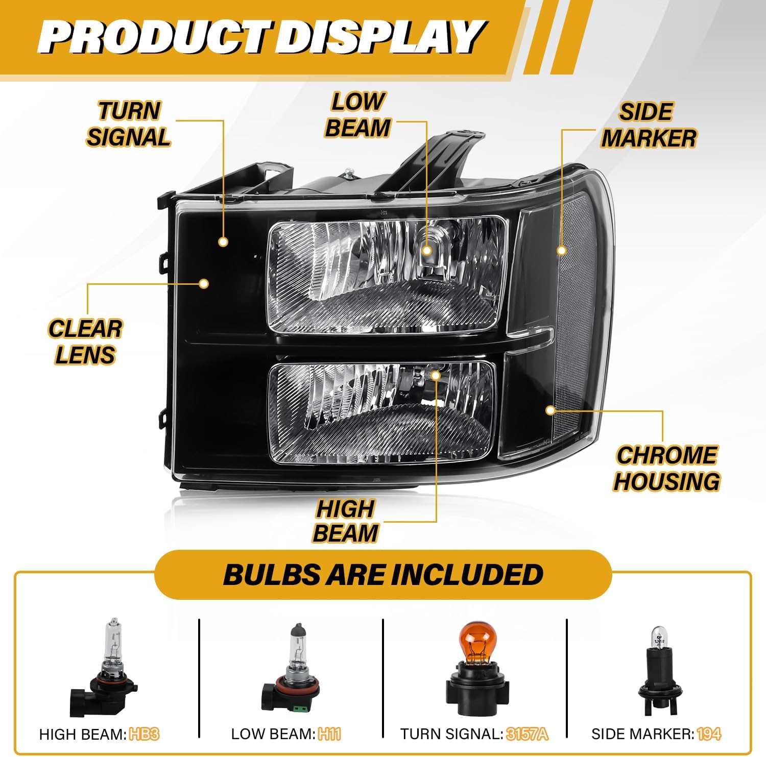 Headlight Assembly Compatible with GMC Sierra 2007-2013 Halogen Head lamp, OE-Style Headlamp Replacement for 22853029 22853030 GM2502283 GM2503283, Bulbs Included, Black Housing White Reflector