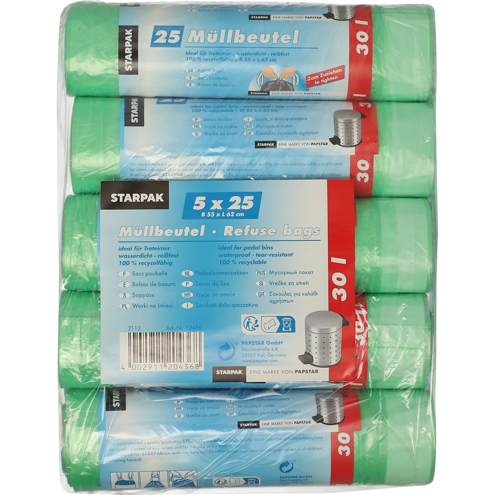 Pierrot - Rollo de 25 Bolsas de Basura con asa, Verde, 55 x 62 cm