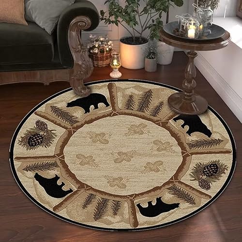 Rustic Lodge Round Area Rug for Entrance Kitchen Pine Tree Print Carpet Bear Cabin Circle Floor Carpets Vintage Throw Rugs 3ft