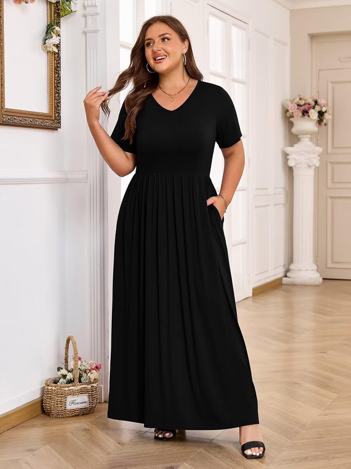 BELAROI Womens Plus Size Maxi Dress Summer V Neck Short Sleeve Long Dresses Pockets Beach Coverup Loose Casual - Image 2