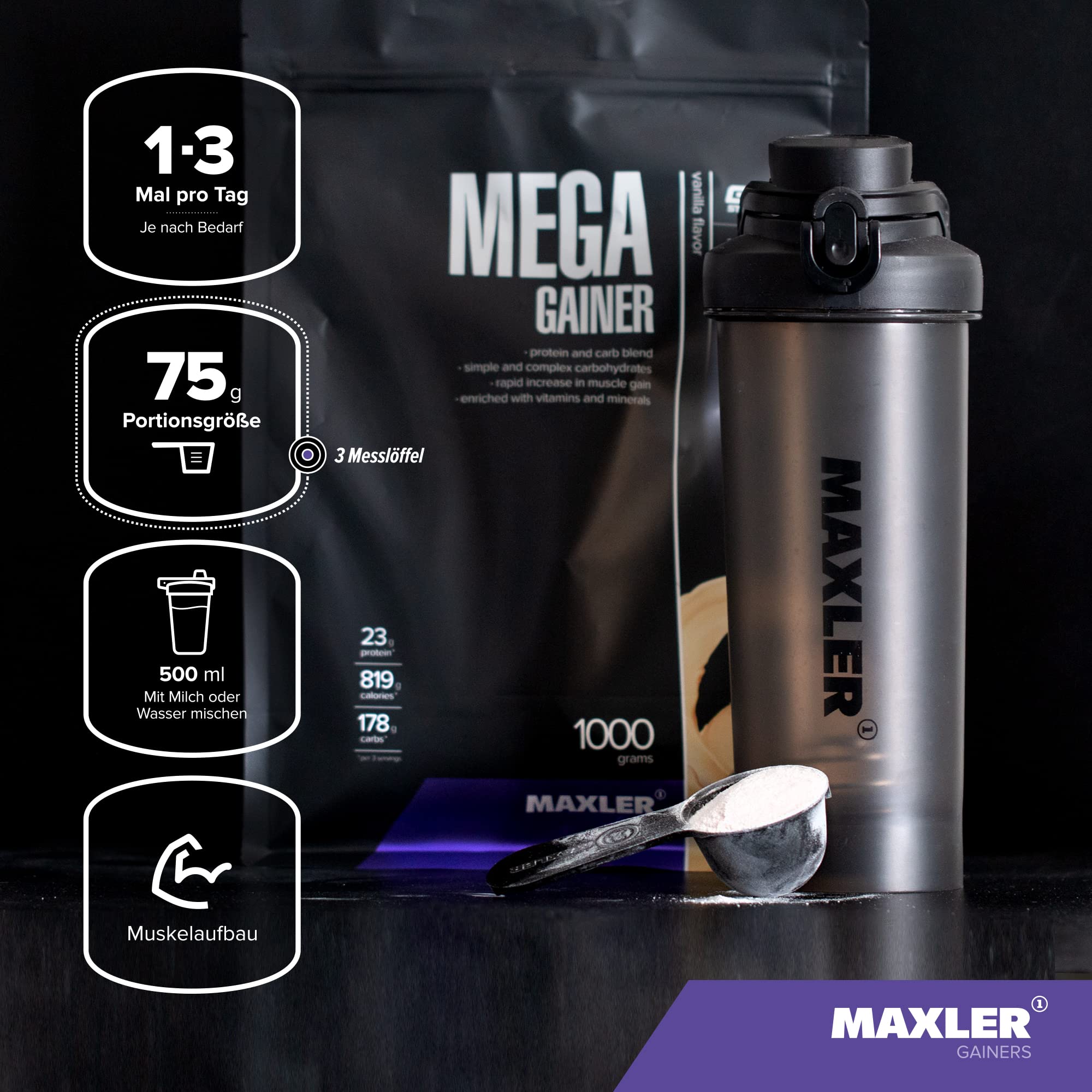 Maxler Mega Gainer - Gain de poids pour développer les muscles - Vanille - 1000g - combinaison de protéines, glucides, vitamines et minéraux - 10% de protéines de lactosérum - shake riche en calories
