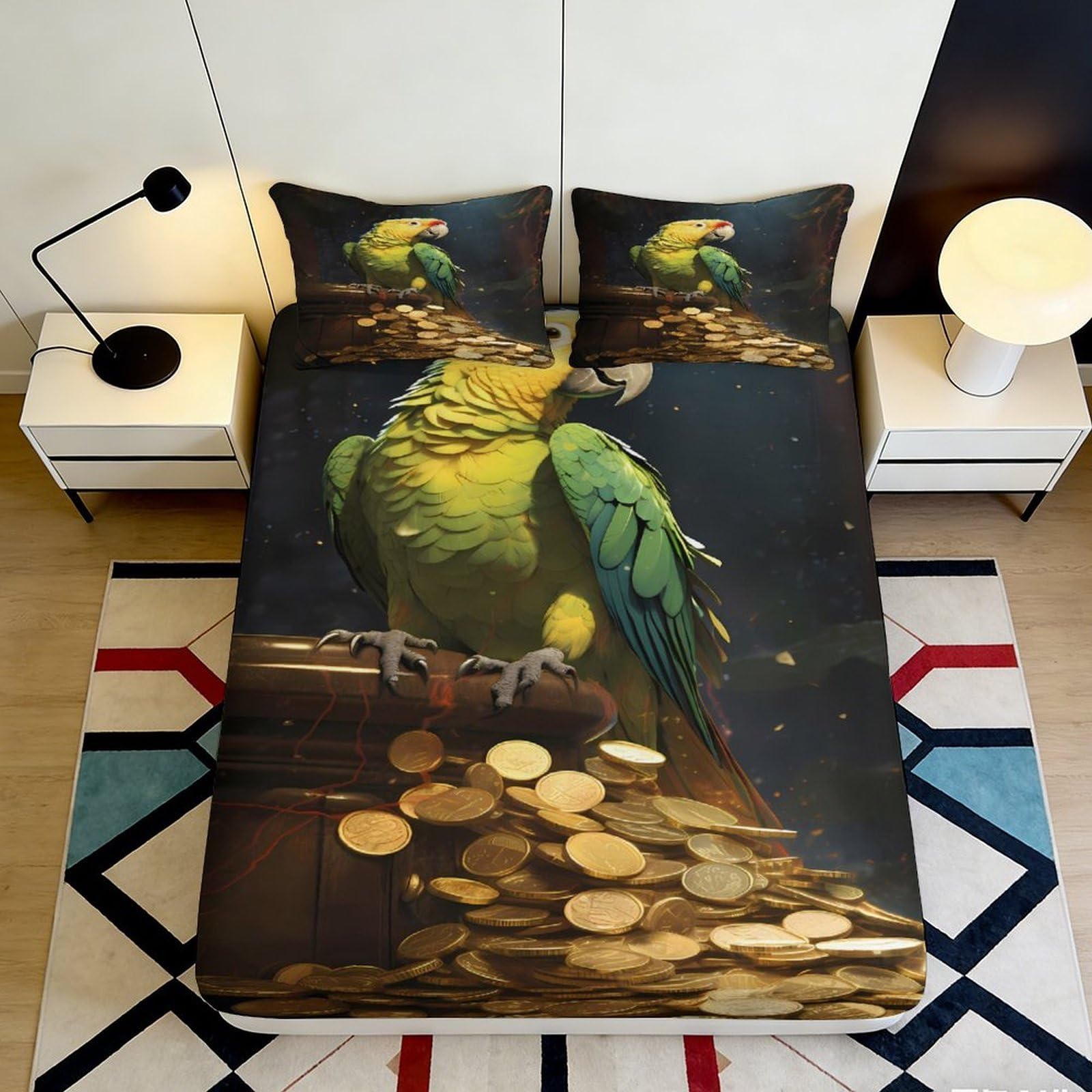 Jqzkxnhpbr Style-1 3D Printed Pirate Parrot Fitted Sheet Microfiber Soft Green Gold Treasure Bed Sheet For Bedroom Dorm Decor 90X200x25cm