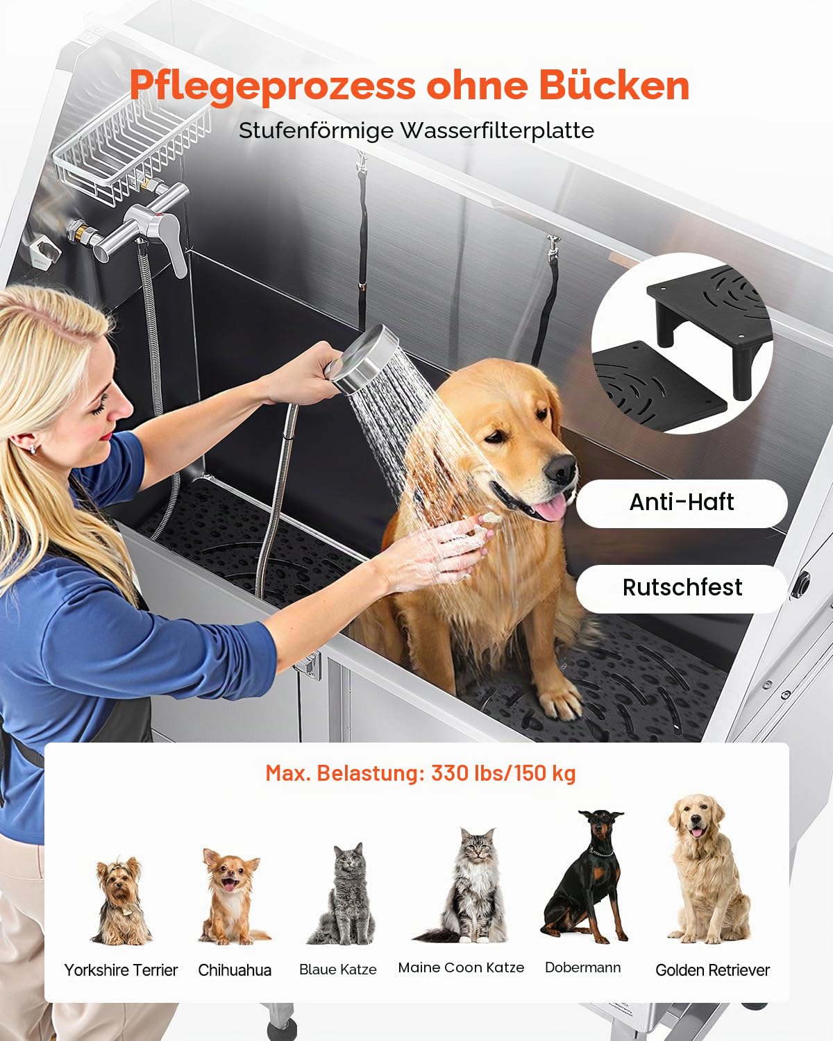 VEVOR Hundewaschstation Edelstahl, 1270x580x1495 mm Tierpflegewanne mit Rampe, PE-Wasserfilterplatte, Wasserhahn, Duschkopf & Seifenhalter, für große, mittelgroße & kleine Haustiere (Linke Tür)