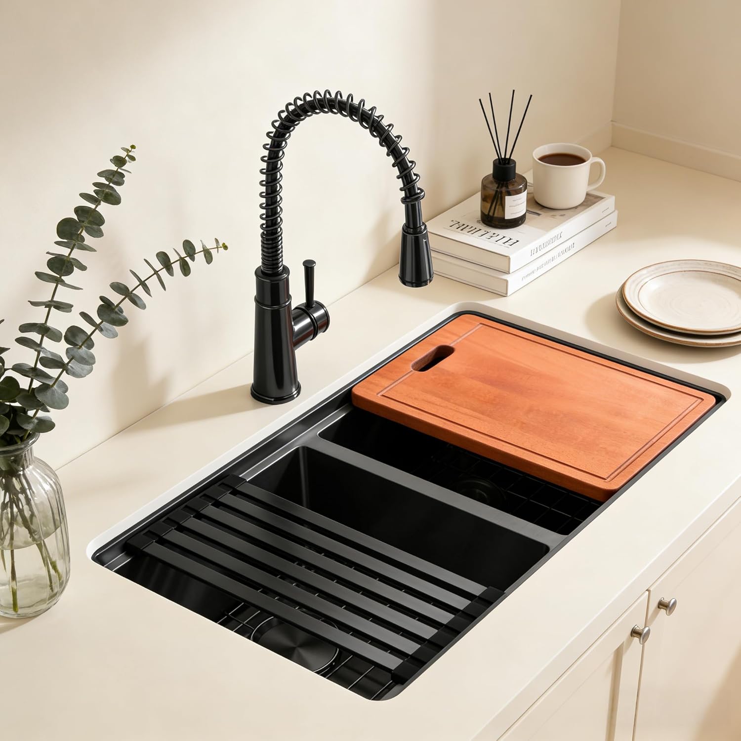 MILOSEN 30''x18'' Black Double Bowl Kitchen Sink, T304 Stainless Steel Undermount Workstation Sinks, 10'' Deep 50/50 Double Sinks, Large Handmade Black Kitchen Sink with Accessories