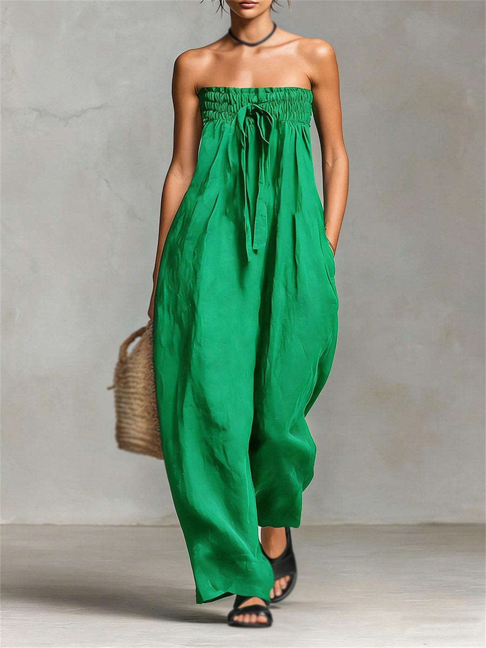 Damen-Jumpsuits ohne Träger, sommerliche, lässige Jumpsuits mit gerafftem Bandeau-Top, weitem Bein und Taschen