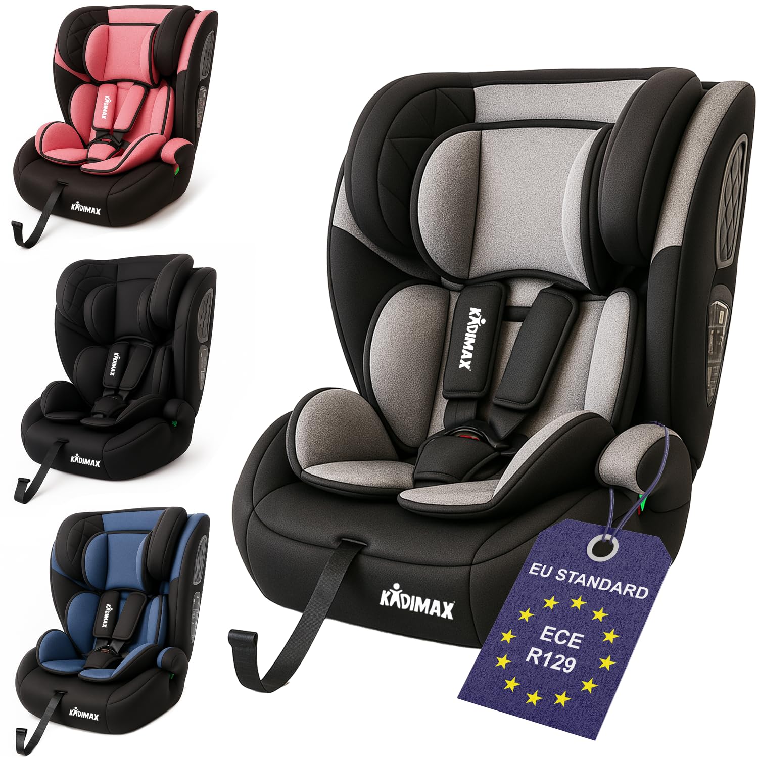 Kidimax® Kindersitz i-Size Autokindersitz, 9-36 kg ab 15 Monate (bis 12 Jahre) Autositz ECE R129/03, Gruppe 1/2/3 Kinderautositz höhenverstellbare Kopfstütze uvm, Grau