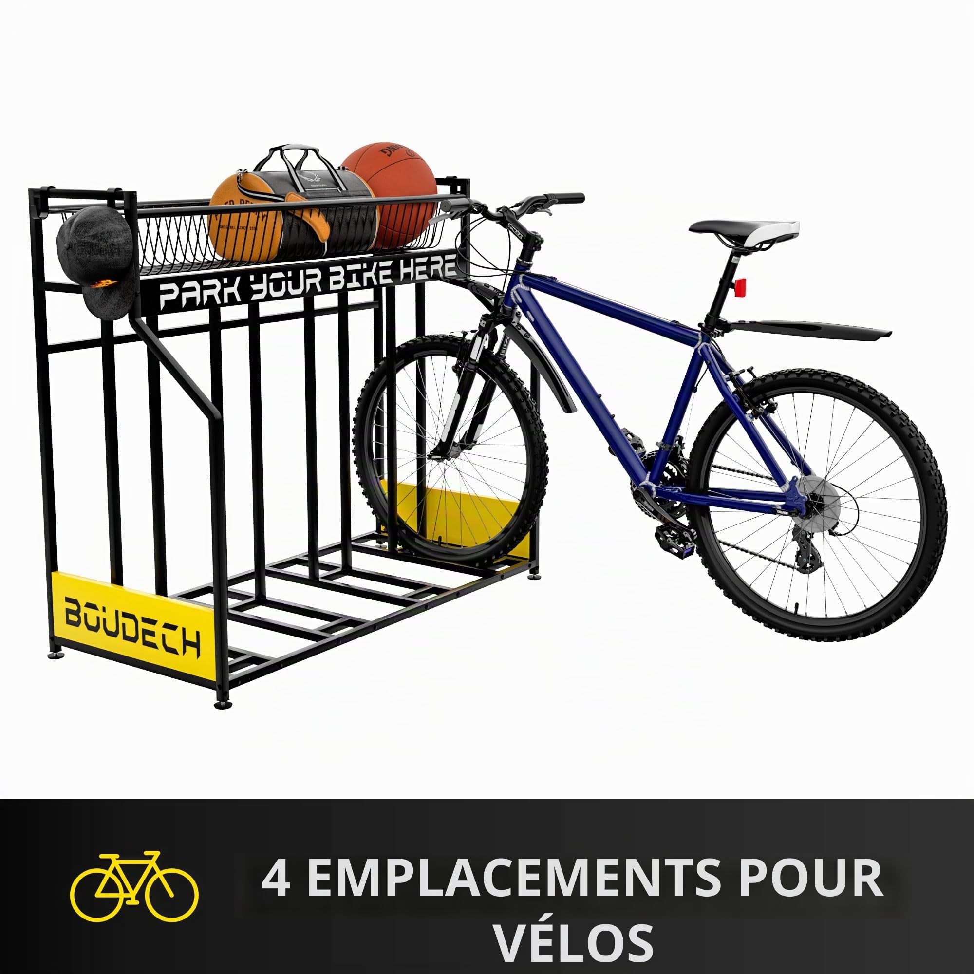 Boudech Parkade - Porte-vélos 4 places support pour vélo au sol de garage avec panier de rangement et 4 crochets en métal noir