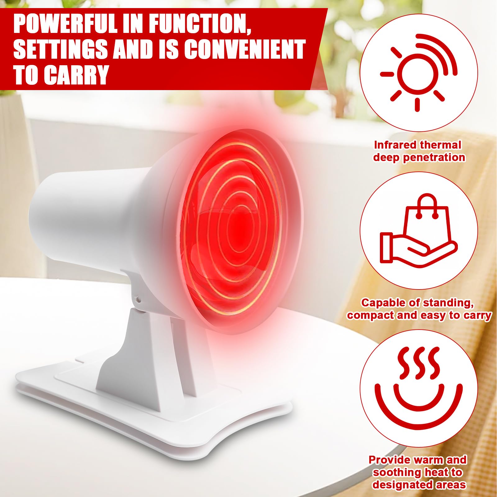 Lámpara infrarroja, lámpara de luz roja de 150 W, lámpara de calor por infrarrojos con temporizador y regulador para un calor relajante, relajación y bienestar general y tensión muscular, ángulo