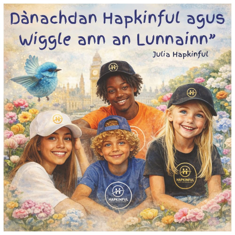 Eachdraidhean Hapkinful agus Wiggle ann an Lunnainn.: "Leabhar‑chloinne gus brosnachadh a thoirt do shiubhal, sonas, coibhneas agus taingealachd, agus ... h-Eachdraidh aig Hapkinful agus Wiggle**)
