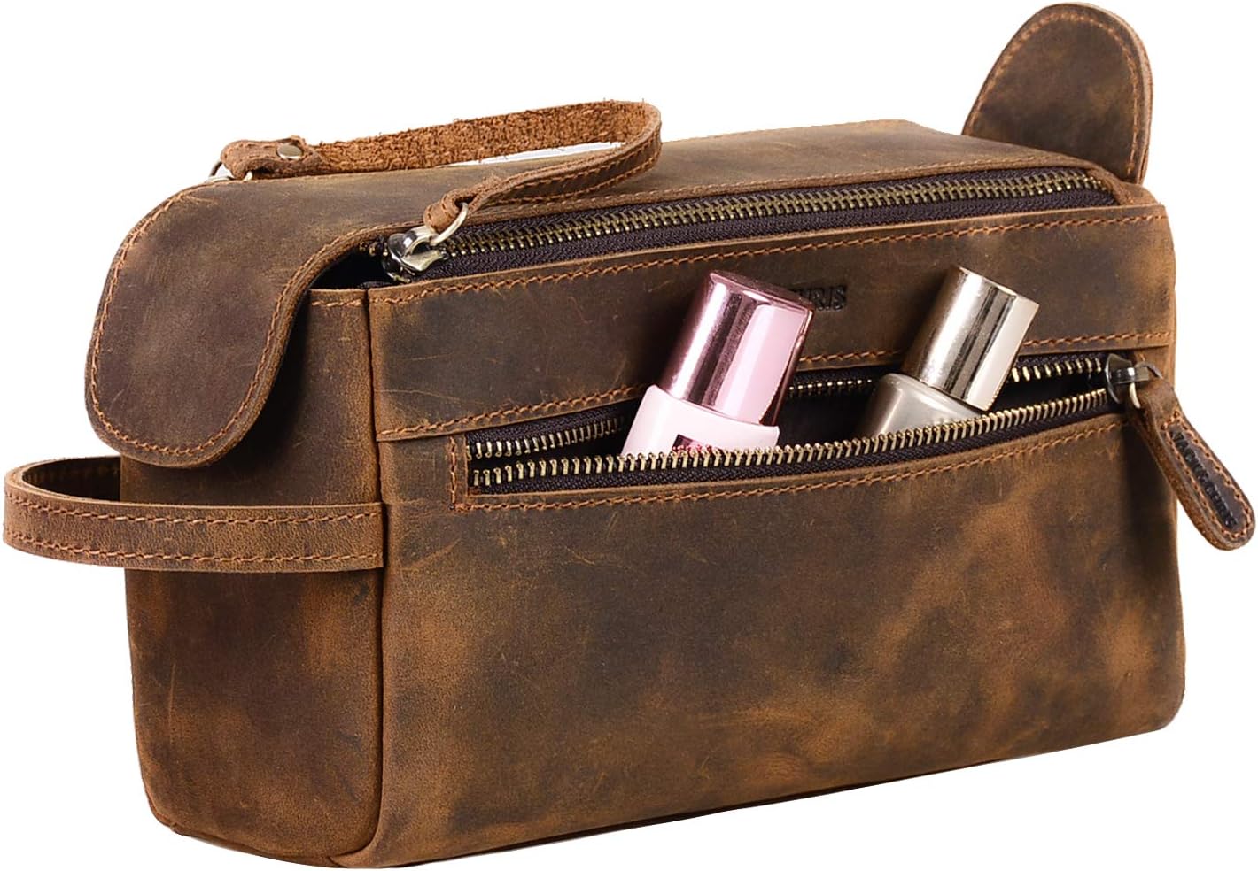 Jack&Chris Thicker Genuine Leather Toiletry Bag Dopp Kit, Unisex Travel Dopp Wash Kit & Shaving Bag for Bathroom Organizer, Double Zipper Puller & Both Side Zipper Pockets. (Brown) 1800-3
