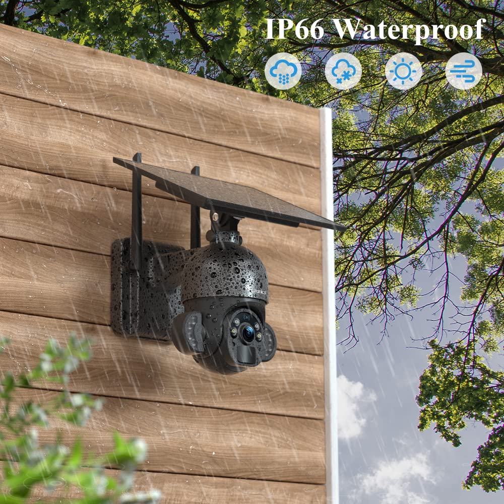 Ctronics 360° PTZ Telecamera Wi-fi Esterno con Pannello Solare, 2.5K 4MP | Videocamera sorveglianza con Batteria 100% Senza Fili, Faretto Visione Notturna, Rilevamento PIR, Audio a 2 Vie, IP66