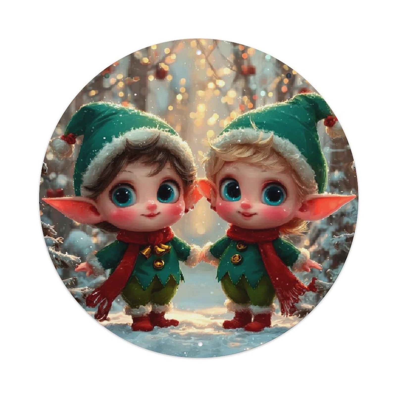 Elf Couple Winter Forest Magic Retro Metal Sign Round Tin Sign, Vintage Decor Art Poster for Bar, Home, Man Cave, Kitchen, Laundry Room Gift 8x8Inch