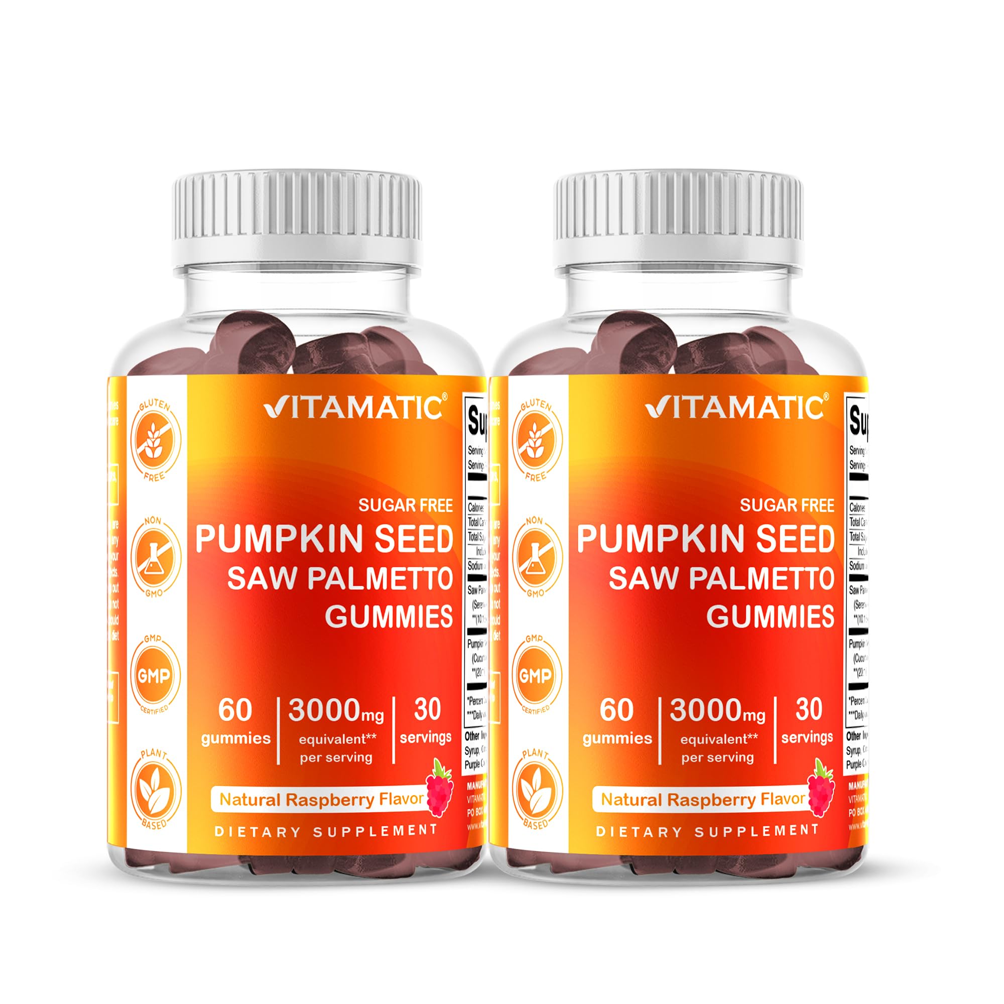 Vitamatic 2 Packs Sugar Free Pumpkin Seed Gummies- 3000 mg Equivalent Per Serving (from 20:1 and 10:1 Extract 200 mg) - Made with Saw Palmetto - Natural Raspberry Flavor - 60 Count