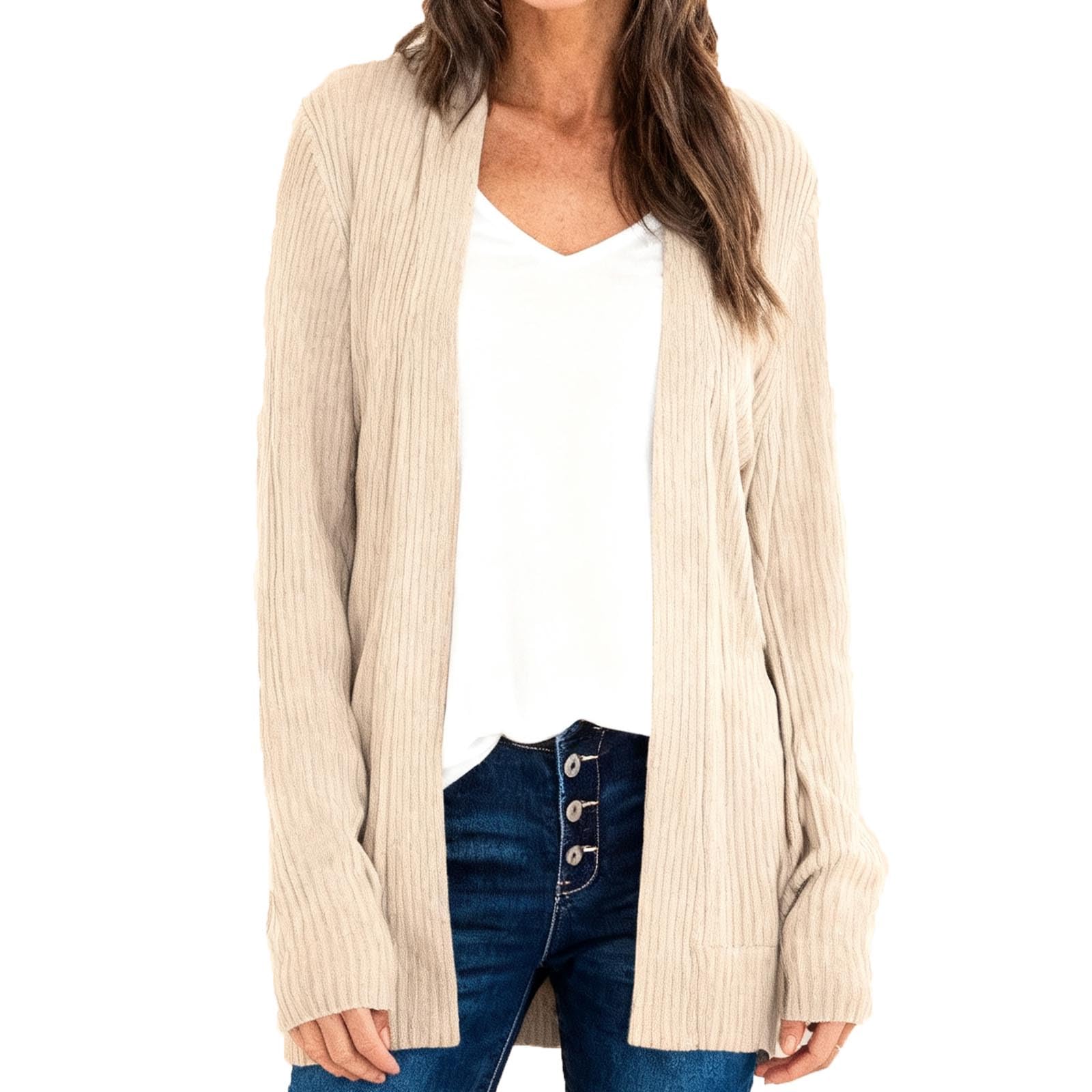 HGps8w Womens Classic Open Front Knit Cardigan Lightweight Casual Solid Long Sleeve Sweater Outerwear with Pockets