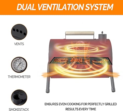 Miniatura 3 de VINGLI Parrilla de carbón portátil con termómetro y mango de madera, multifuncional de metal, compacta, de mesa, barbacoa, parrilla de carbón al