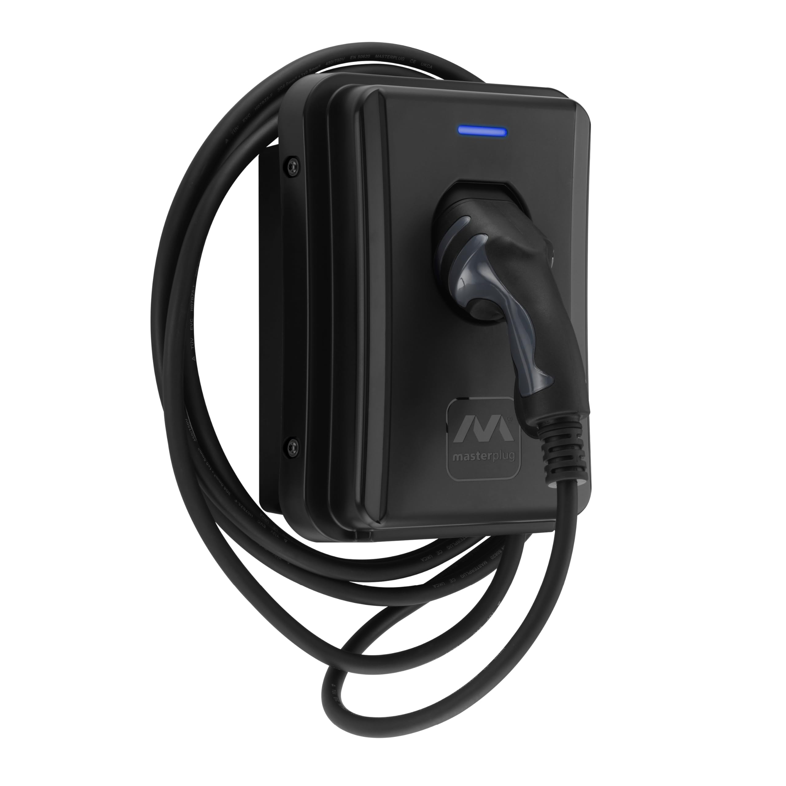 Masterplug Estación de Carga EV de Pared para Vehículos Eléctricos Tipo 2, Cargador Coche Eléctrico con Cable de 5m y Función de Fija Automático, Monofásico, Modo 3, RFID, IP65, 7.4kW, 32A, EVCM3BT7BR