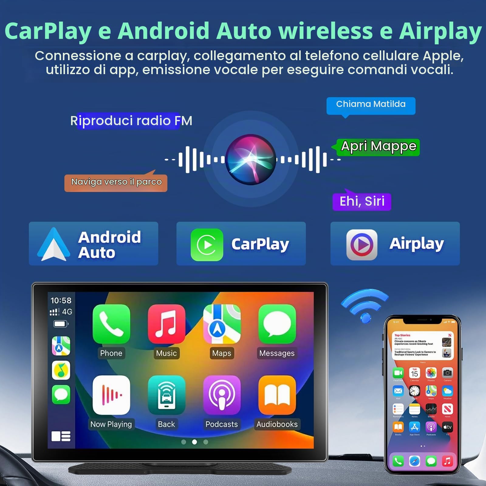 Autoradio Portatile con Touchscreen IPS da 9" di Grandi dimensioni con A-pple Carplay e Android Auto, Podofo Carplay con Trasmettitore Bluetooth/FM per Auto/SUV/Furgoni/Pick-up e Camion, 7V-32V