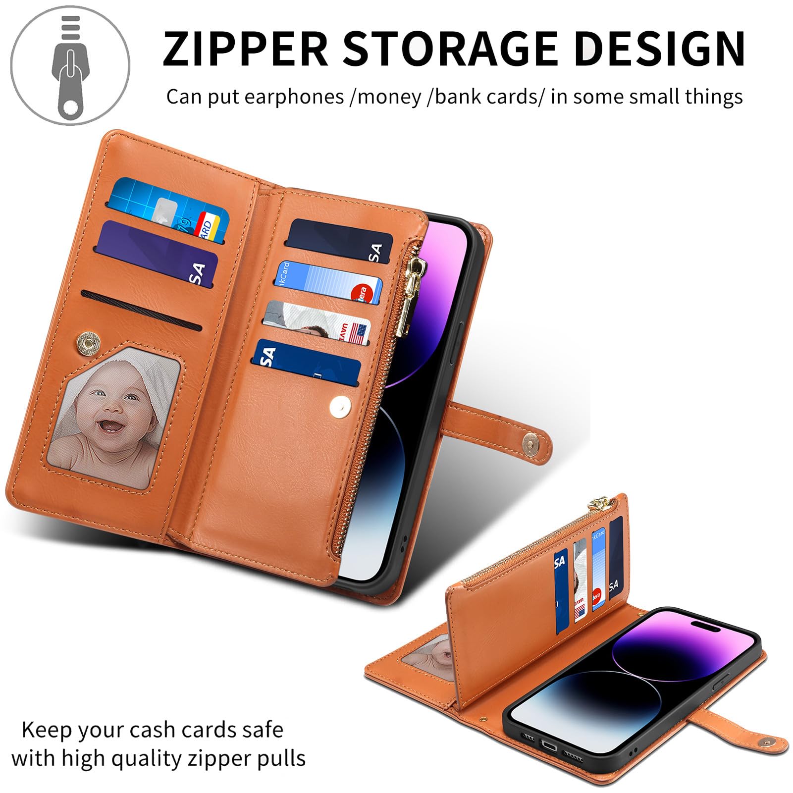 BAILI Custodia con Cerniera per Oppo Find X3/X3 PRO, Modello a Foglie, Tasca con Cerniera da Polso a Mano per Oppo Find X3/X3 PRO-Marrone