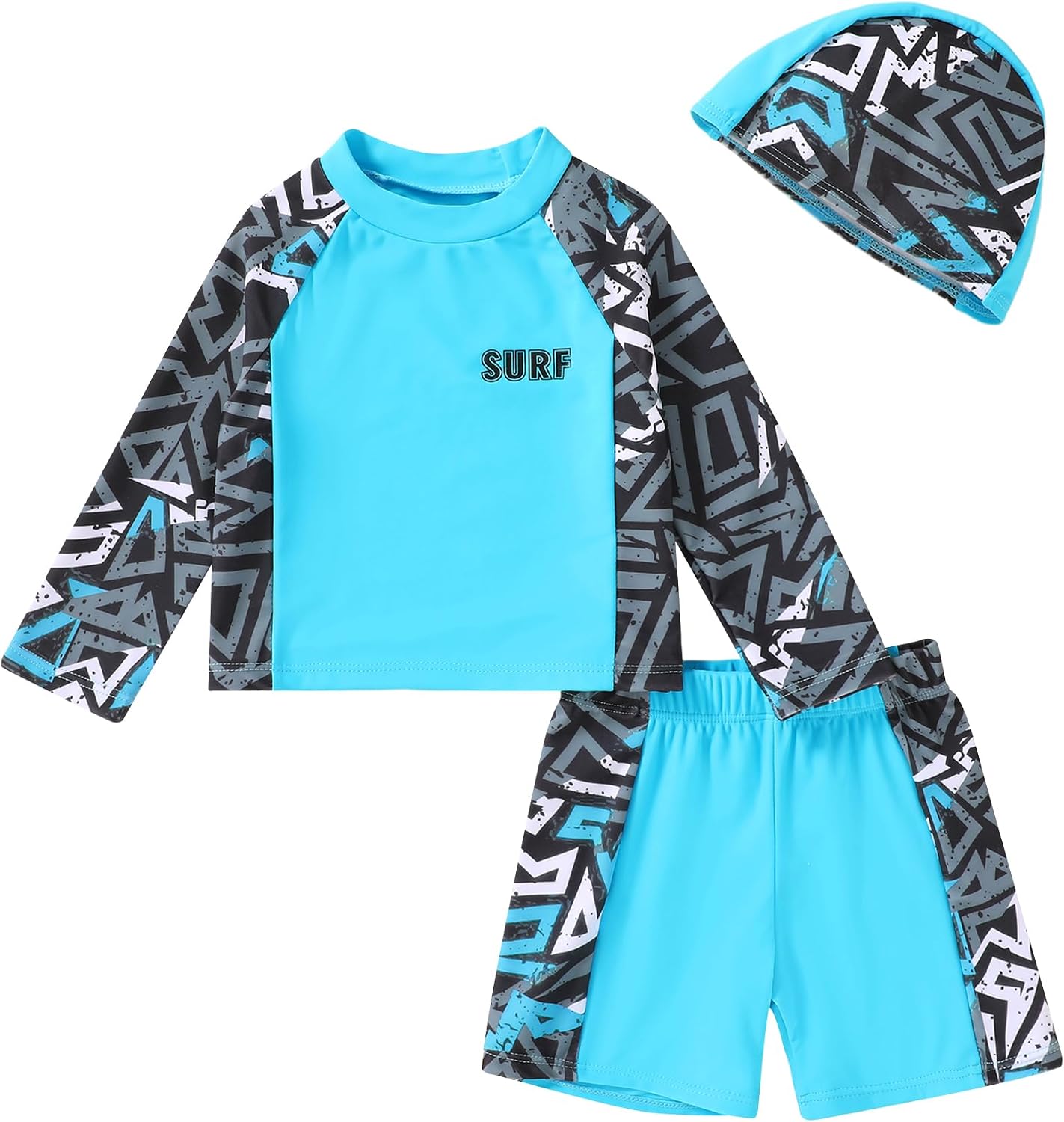 Toddler Baby Boys Swimsuit Long Sleeve Swim Trunk Ruashguard Beach Swimwear Outfits with hat 3 Pieces Sets