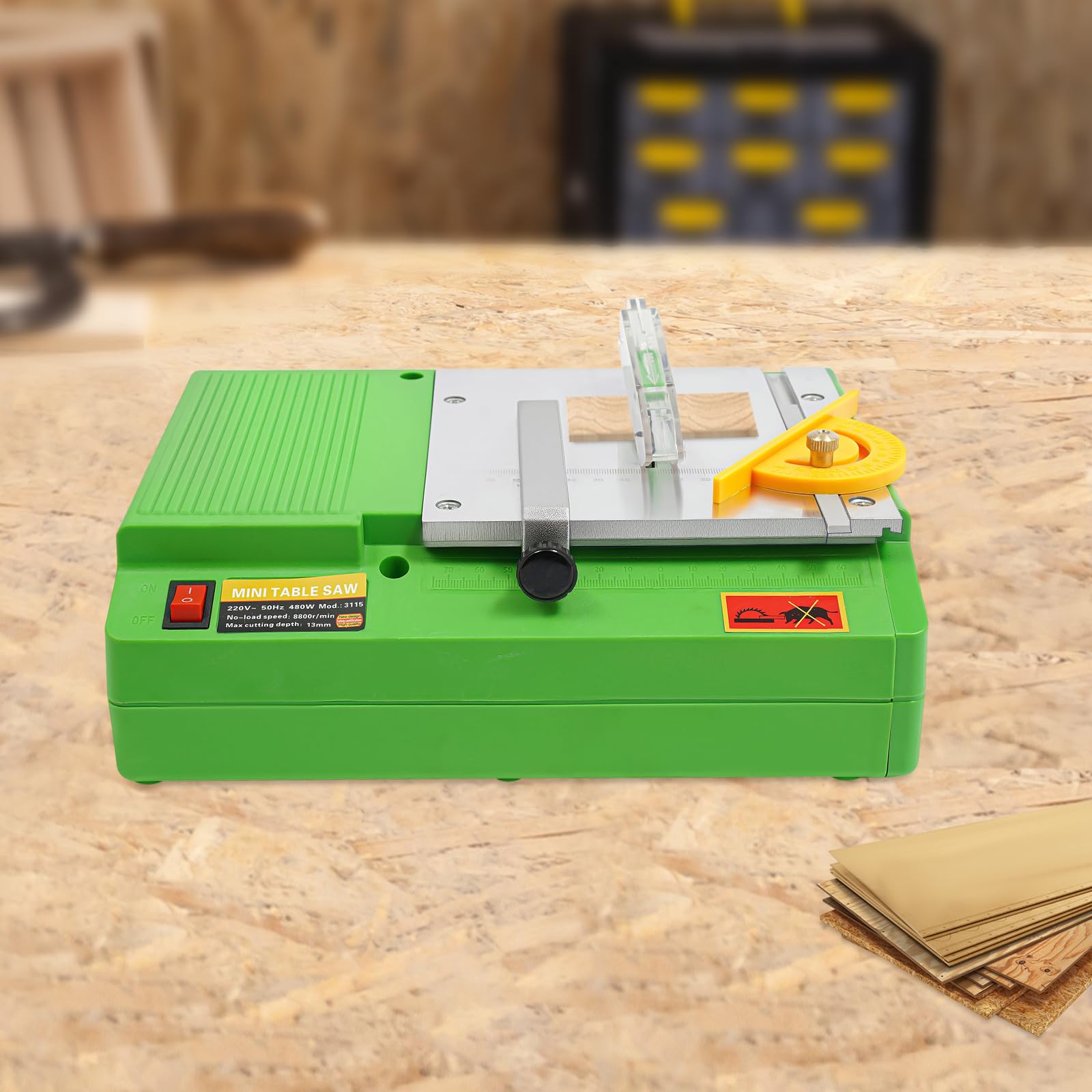 Mini sega da tavolo, 480 W, 220 V, 8800 giri/min, sega da tavolo assemblabile, adatta per tagliare, levigare e intagliare, per tavolo fai da te e uso domestico, verde ecologico