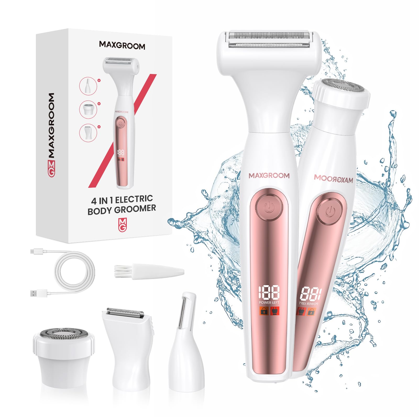 MAXGROOM Intimrasierer für Frauen,4-in-1 Elektrischer Körperrasierer Damen,Nass-Trocken Bikini Trimmer,Körperhaartrimmer für Augenbrauen,Gesicht, Intimbereich,Akku Elektrorasierer mit LED (Mehrfarbig)