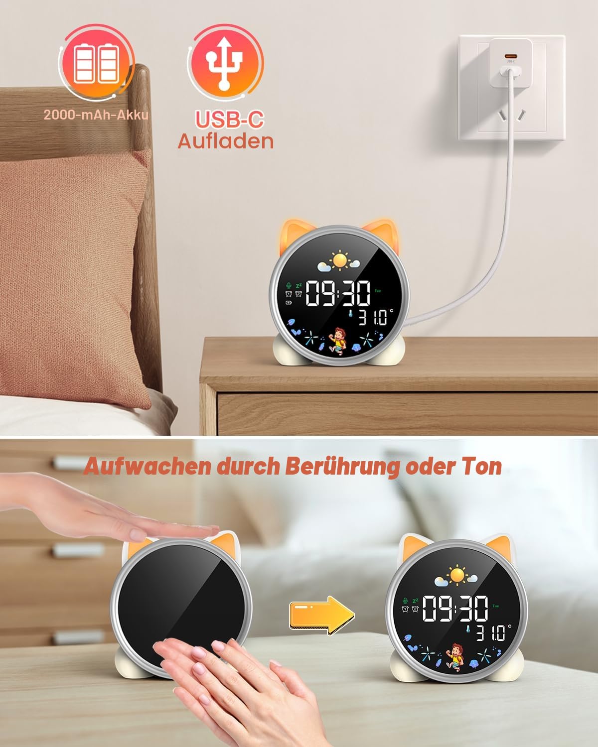 Lemnoi Kinderwecker Lichtwecker für Jungen und Mädchen, Batteriebetrieben Kinder Schlaftrainer mit Nachtlicht, Countdown, Snooze-Funktion, 3 Helligkeitsstufen und Buntem Licht, Lichtwecker für Kinder