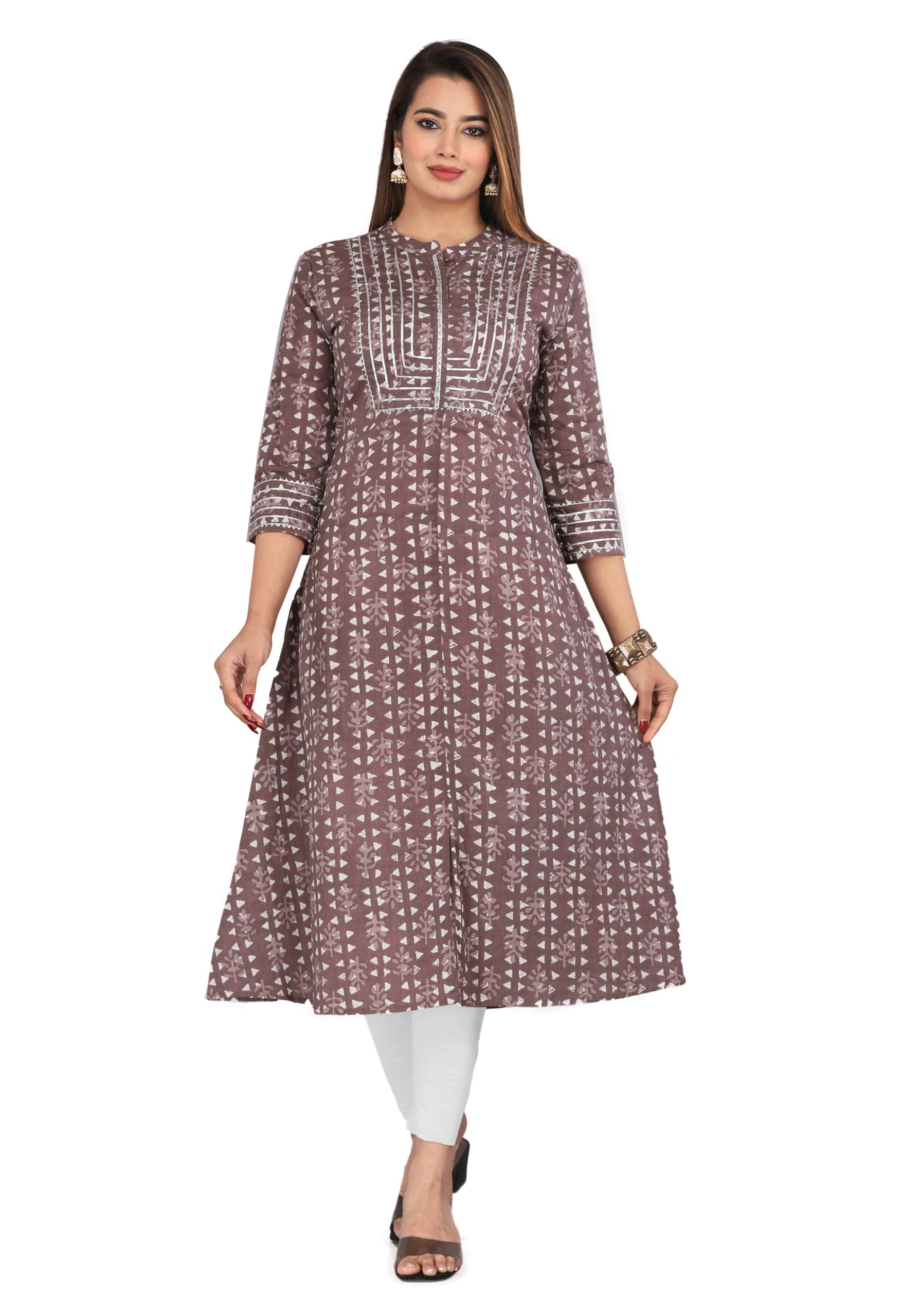 KANNAHI Women Pure Cotton Ethnic Motif Print A-line Straight Kurta Jaipuri Sanganeri Printed 3/4 Sleeve Kurti for Casual Party & Festival Wear for Girls & Womens