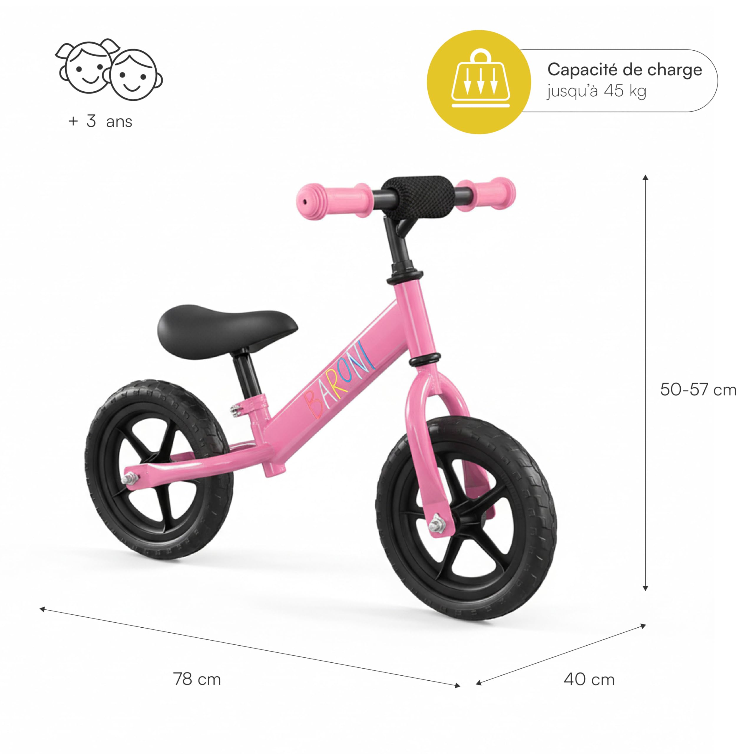 Baroni Toys Vélo sans pédales pour enfants à partir de 3 ans, Balanced Bike avec guidon et selle réglables, roues gazeuses antidérapantes, portée 45 kg, idéal pour l'équilibre et la coordination