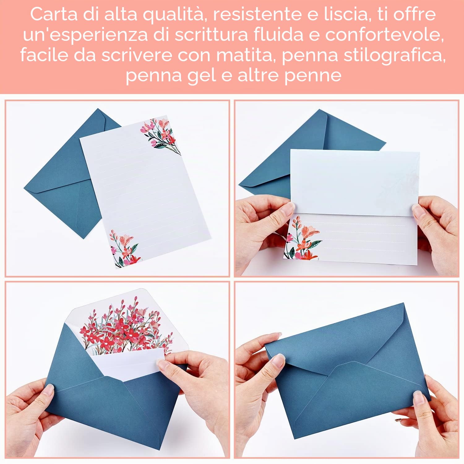 BBLIKE Set di Carta da Lettere e Buste, 24 Pz Carta da Lettera Motivi Floreale, 12 Buste Creativo